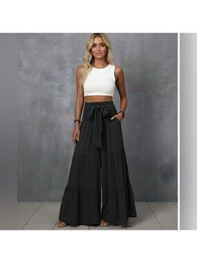 Shirred Waist Tie Front Ruffle Hem Wide Leg Pants